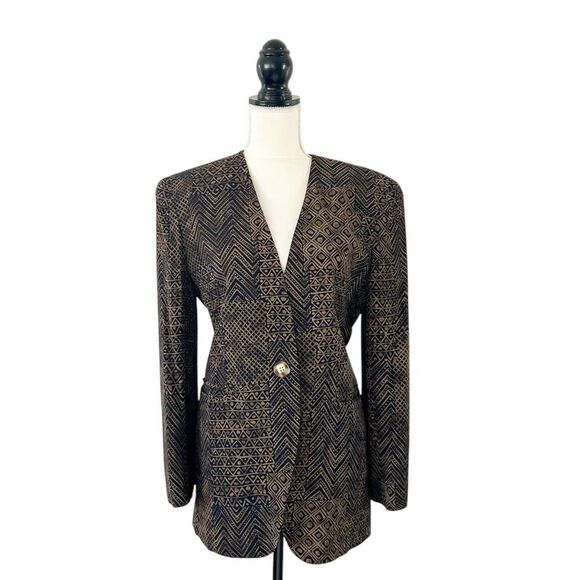 Jones New York Vintage Brown & Navy Geometric Patterned Collarless Blazer Size 8 - Picture 2 of 10